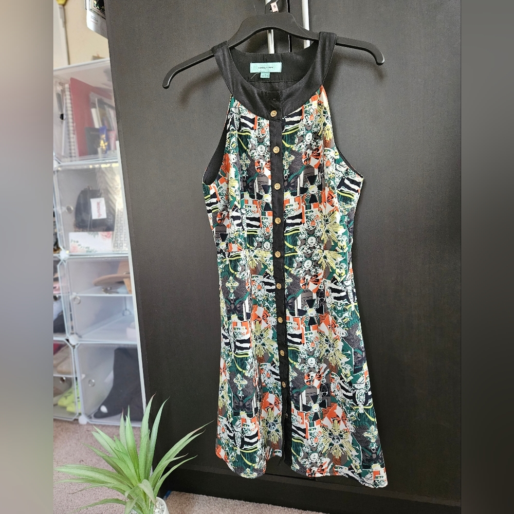 Green geometric summer sleeveless button down dress